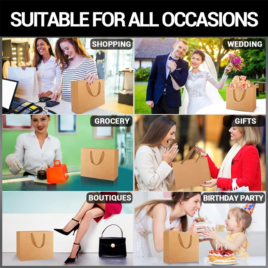 10er-Pack Kraftpapiertüten 22x18x10cm mit Stabilen Griffen, Große Geschenk- und Einkaufstüten für Umweltfreundliche Partys – Detail 1