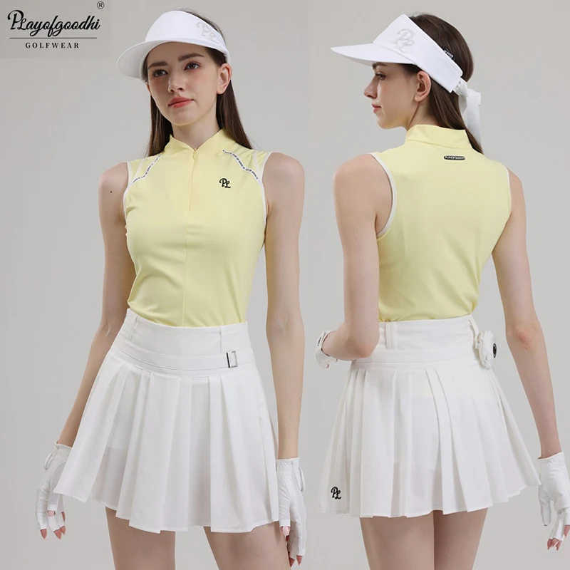 

PL Sports Stand Zipper Collar T-shirt Women Slim Sleeveless Golf Tank Top Ladies High Waist Pleated Skirt Tennis Golf Skort