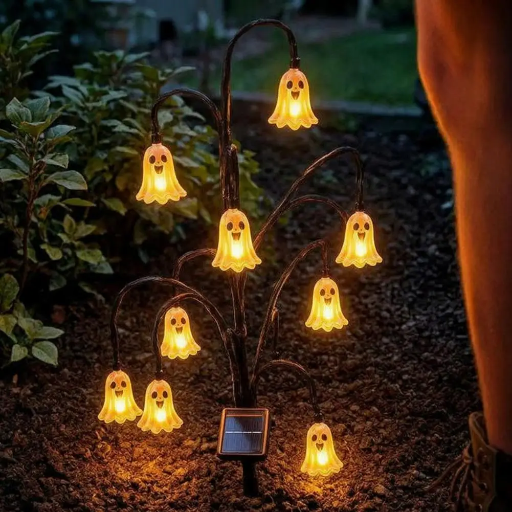 Witch Hat Garden Decor Halloween Solar Tree Stump Light with Ghost Pumpkin Cat Ornaments Twinkling Garden Stake Light Vintage