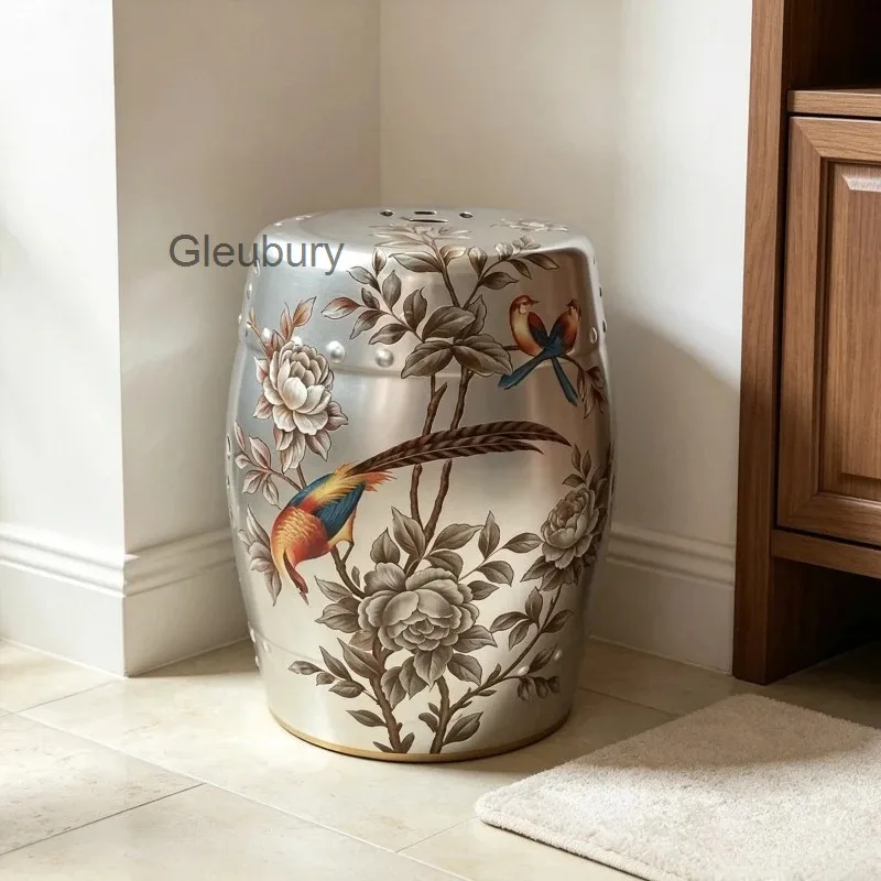 Vintage Ceramic Garden Stool Decorative Porcelain Drum Stool Floral Bird Pattern Accent Seat For Home Decor Furniture