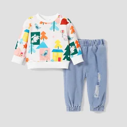 PatPat 2pcs Baby Girl Geometric Pattern Rabbit Animal print Sweatshirt and Jean set Soft and Comfortable Basic Style