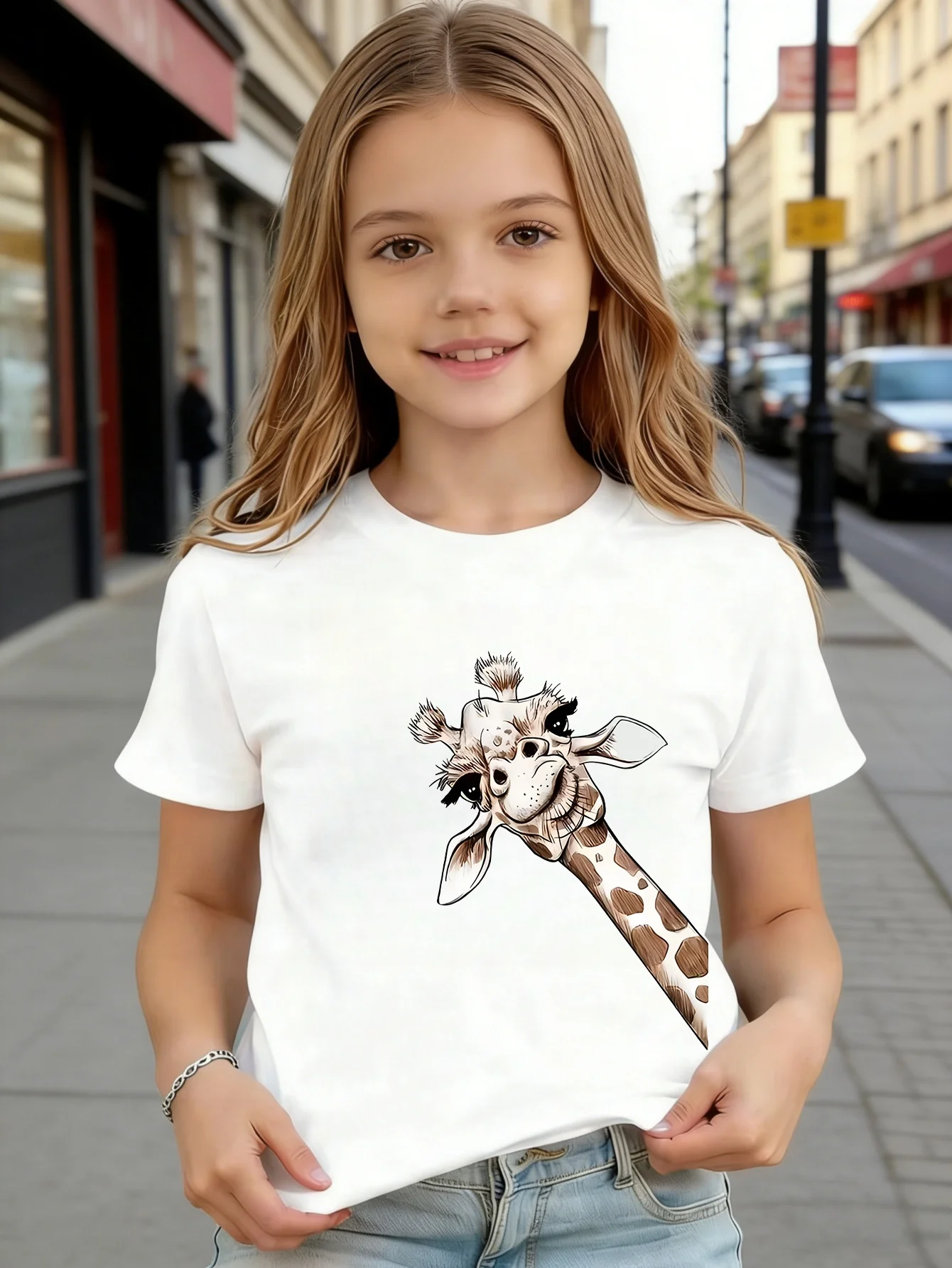 Cartoon Cute Giraffe Head Kids Safari Wild Animal Graphic Print Boys Girls Family Matching Cotton Short Sleeve Children Tshirt