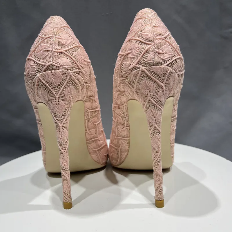

Heelgoo Pink Beige Lace Fabric Women Elegant Pointy Toe High Heel Dress Shoes Comfortable Slip On Stiletto Pumps 8cm 10cm 12cm