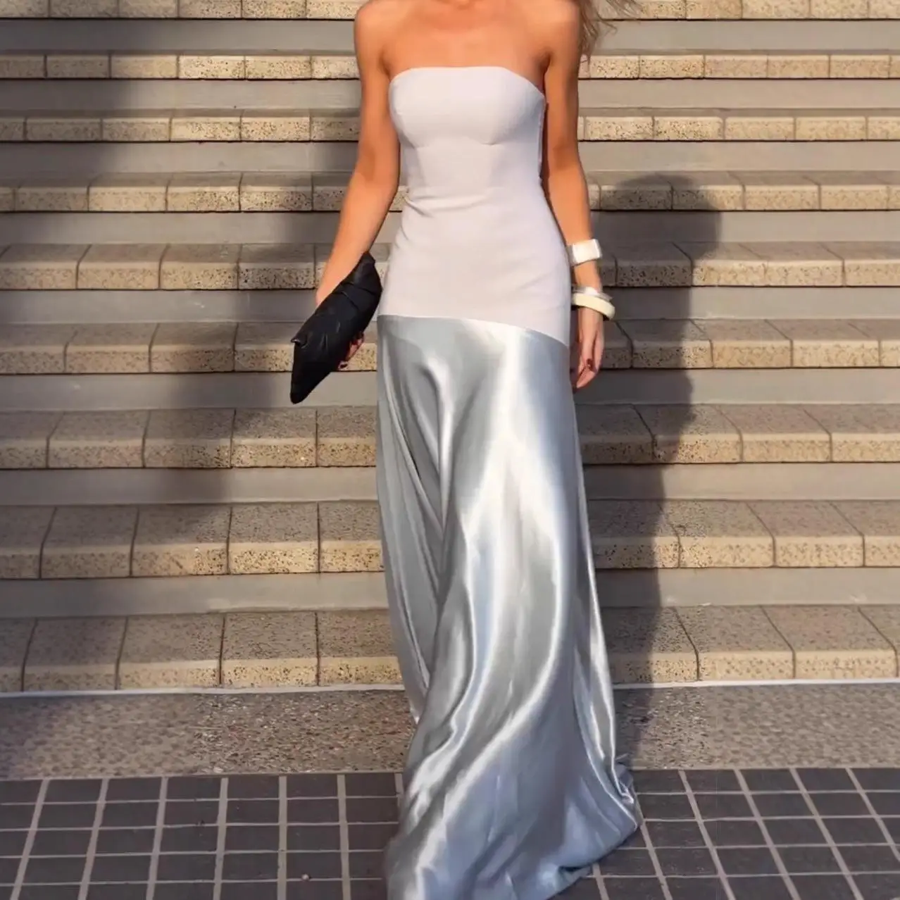 Sexy Strapl Ele Patchwork Cetim Svel Dr Cintura Alta One Step Saia Poliéster Primavera Básico Sle Outro Material