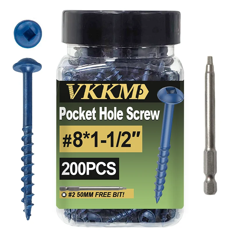 

VKKM Blue Pocket Self-Tapping Wood Screws #8×1-1/2, 200/300 Pieces, T25 Star Drive, Outdoor Deck Screws, with Epoxy Coating
