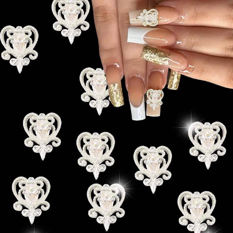 30PCS Cross-border Baroque embossed lace edge heart-shaped scepter alloy nail art, Sailor Moon magic wand, nail gemstone.
