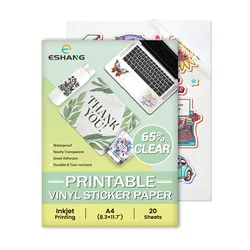 20 Sheets A4 Size Premium Translucent Clear Printable Vinyl Sticker Paper, 8.3x11.7 Inch Waterproof Self-Adhesive Decal Paper