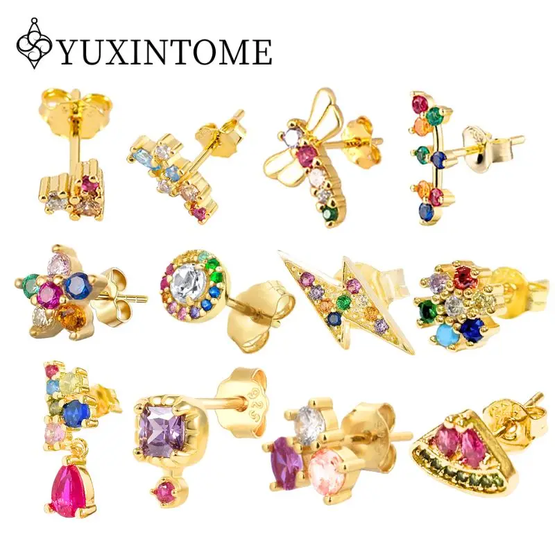 

925 Silver Ear Needles Colorful Zircon Geometric/star/lightning/mushroom Exquisite Small Stud Earrings Fashion Party Jewelry