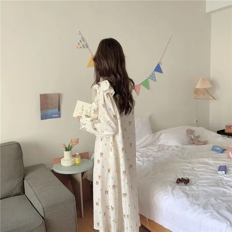 

Spring Autumn Sweet Nightdress Baby Gauze Pajamas Over The Knee Long Skirt Sleepshirts Long Sleeve Square Collar Lace Home Wear