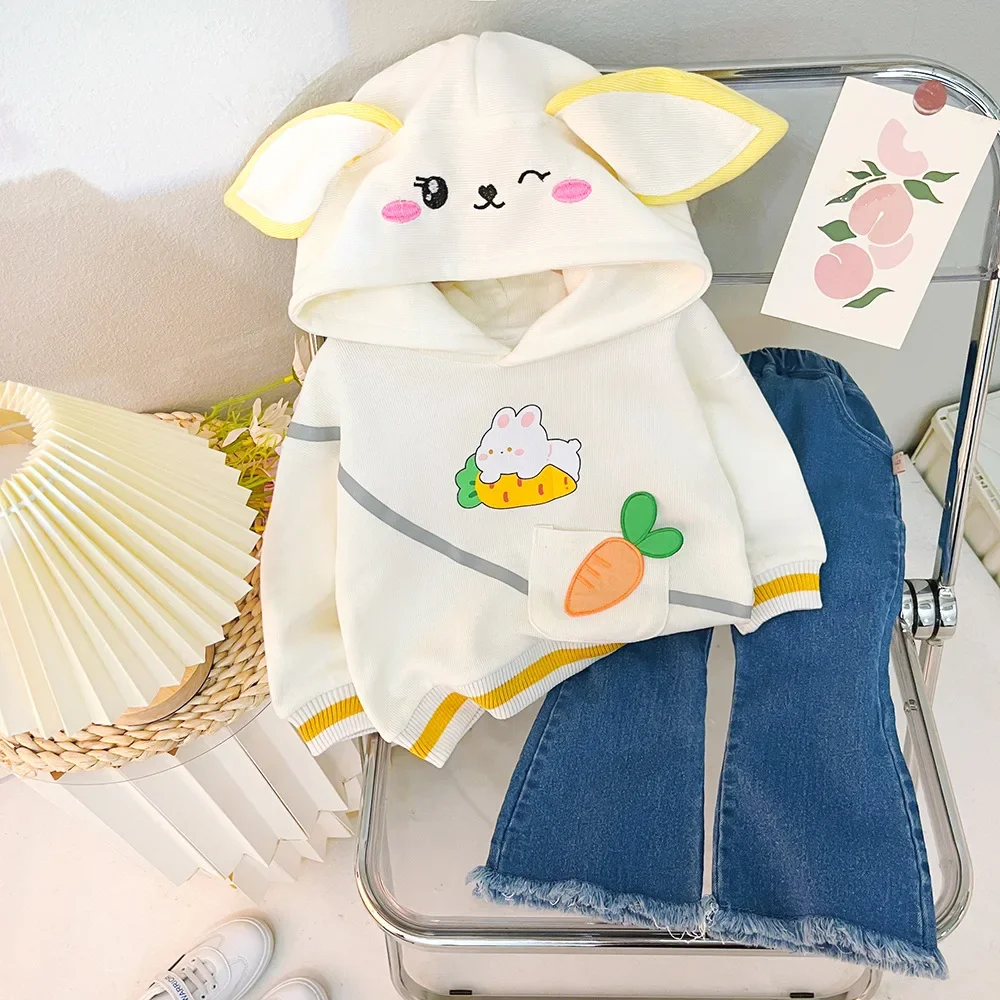 

Spring Autumn Baby Girls Clothing Sets Cartoon Rabbit Hooded Hoodies Sweatshirt + Denim Pants Jeans Children's Casual Clothes