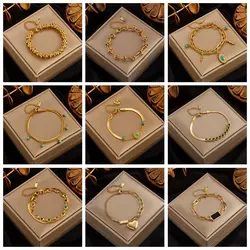 MEYRROYU 316 Stainless Steel Vintage Green Stone Heart Tassel Multilayer Charm Bracelet for Women Wedding Jewelry Beach брелок