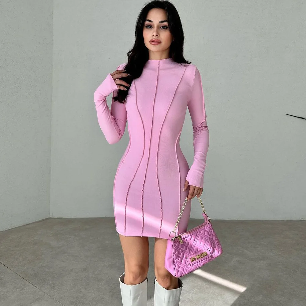 

Women's 2024 Autumn/winter New High-neck Three-dimensional Striped Long-sleeved Slim-fit Wrap Hip Dress Women Clothing Traf