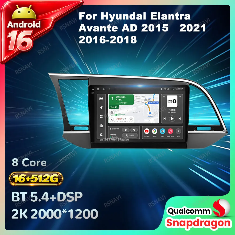 Radio para Auto Android 16 para Hyundai Elantra Avante AD 2015 ~ 2021 2016-2018, Unidad Principal Qualcomm con GPS, DSP, 4G LTE, Pantalla QLED, Multimedia, DVD
