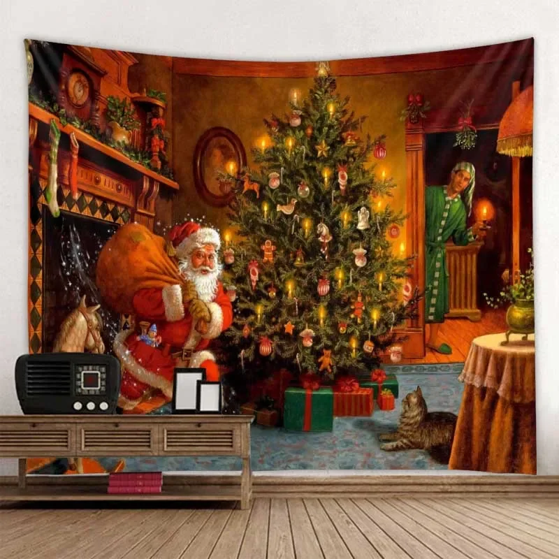 Chris-t-mas Tapestry Wall Mount Santa Claus Christmas Tree Fireplace Elk Tapestry Bedroom Living Room Dormitory Wall Decoration