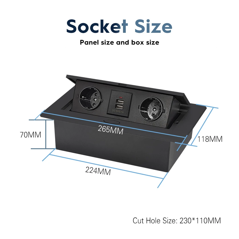 Aluminum Panel EU Standard Hidden Type Table Socket 2/3 Outlet USB-A/USB-C/FR/IL/Universal White Office Kitchen Cabinet Desktop