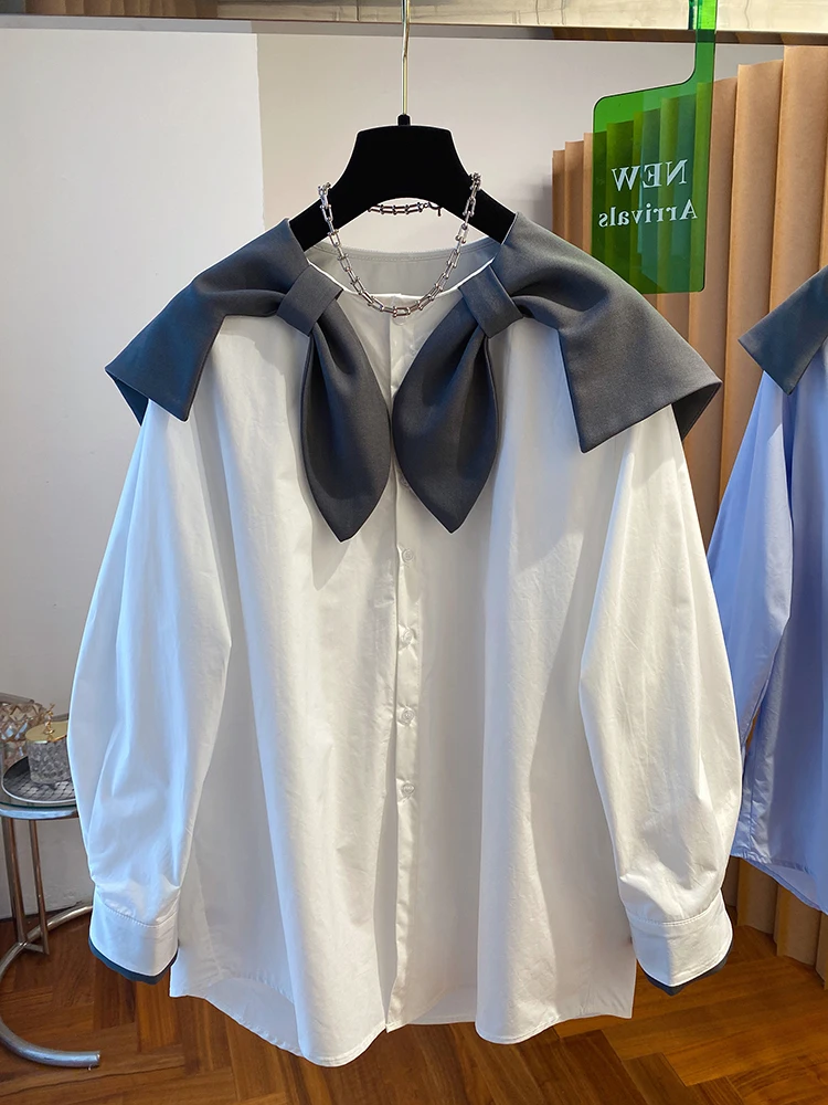 

Модный корейский свободный женский топ с большим воротником, весенне-осенний повседневный универсальный топ на пуговицах, длинный слэ...