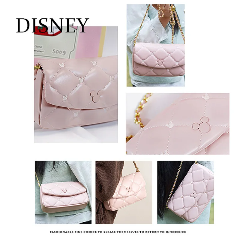 Disney Mickey Cute Pink Fashion High End Light Luxury PU Leather Girl Shoulder Bag Mobile Cosmetics Storage Bags