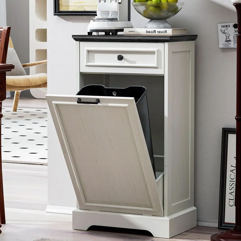 

Free Standing Tilt-Out Trash Can Cabinet with Drawer, Pet-Proof, Antique White & Black for Kitchen and Living Room