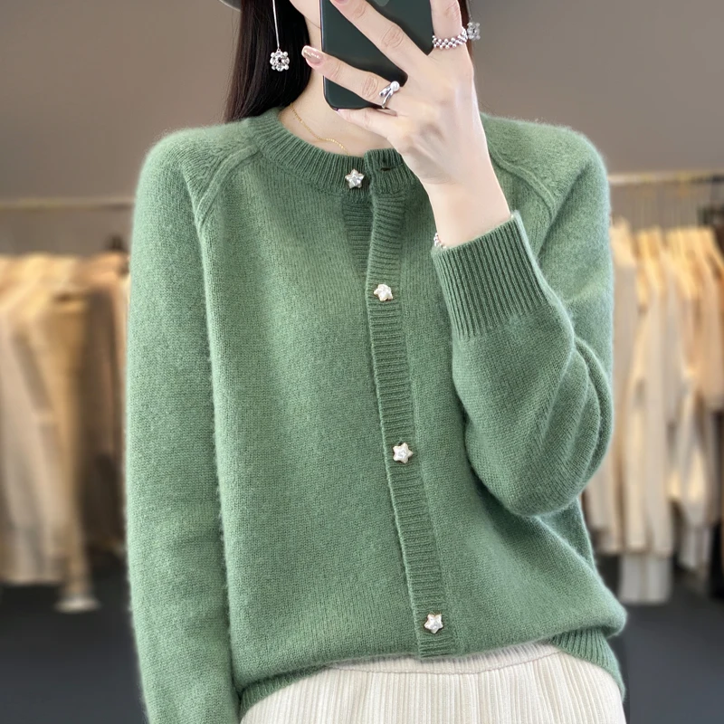 

Hot selling 100% Merino wool knitted women's cardigan O-neck sweater autumn and winter long sleeved women's FRSEUCAG brand sweat