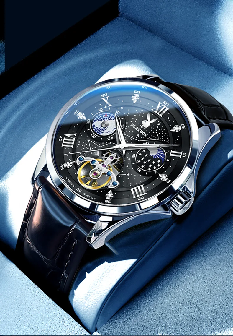 

PLAYBOY 3049 Original Quartz Movement Men Watches Flywheel Mechanical Watch Moon Phase Waterproof Luminous Watch For Man