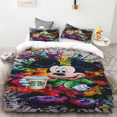 Potdemiel Mickey-Minnie Mouse Bedding Set Kid and Adult Single Double King Size Flat Sheet Duvet Cover Pillowcase Bed Warm Gifts