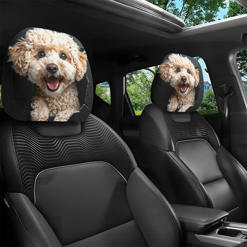 Cute Pet Puppy Framed-Style Printed Pattern Car Headrest Cover, Car Interior Decoration, Universal Fit, Washable, Easy To Instal