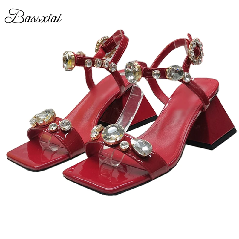 

Сандалии с ремешком на щиколотке и бриллиантами, женские уникальные разноцветные современные летние туфли на каблуке с строительными блоками