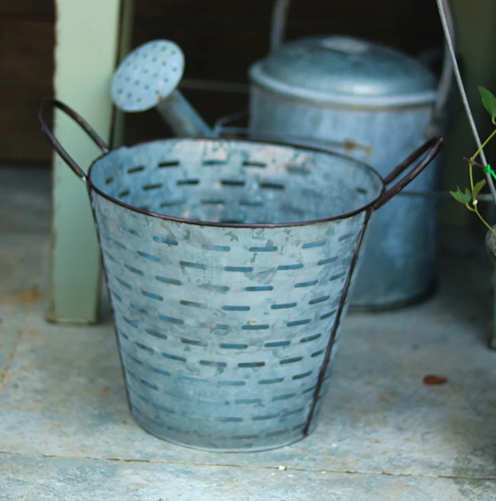 2 Pieces Handmade Vintage Galvanized Zinc Olive Buckets for Home and Garden Decor