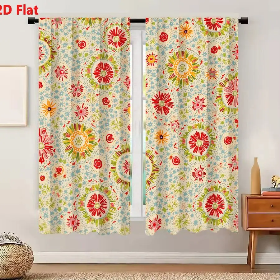 2Pcs Curtains 2D Flat Retro Vintage Floral Pattern Light Cream Background With Red Yellow Orange Green Blue Flowers And Leaves W