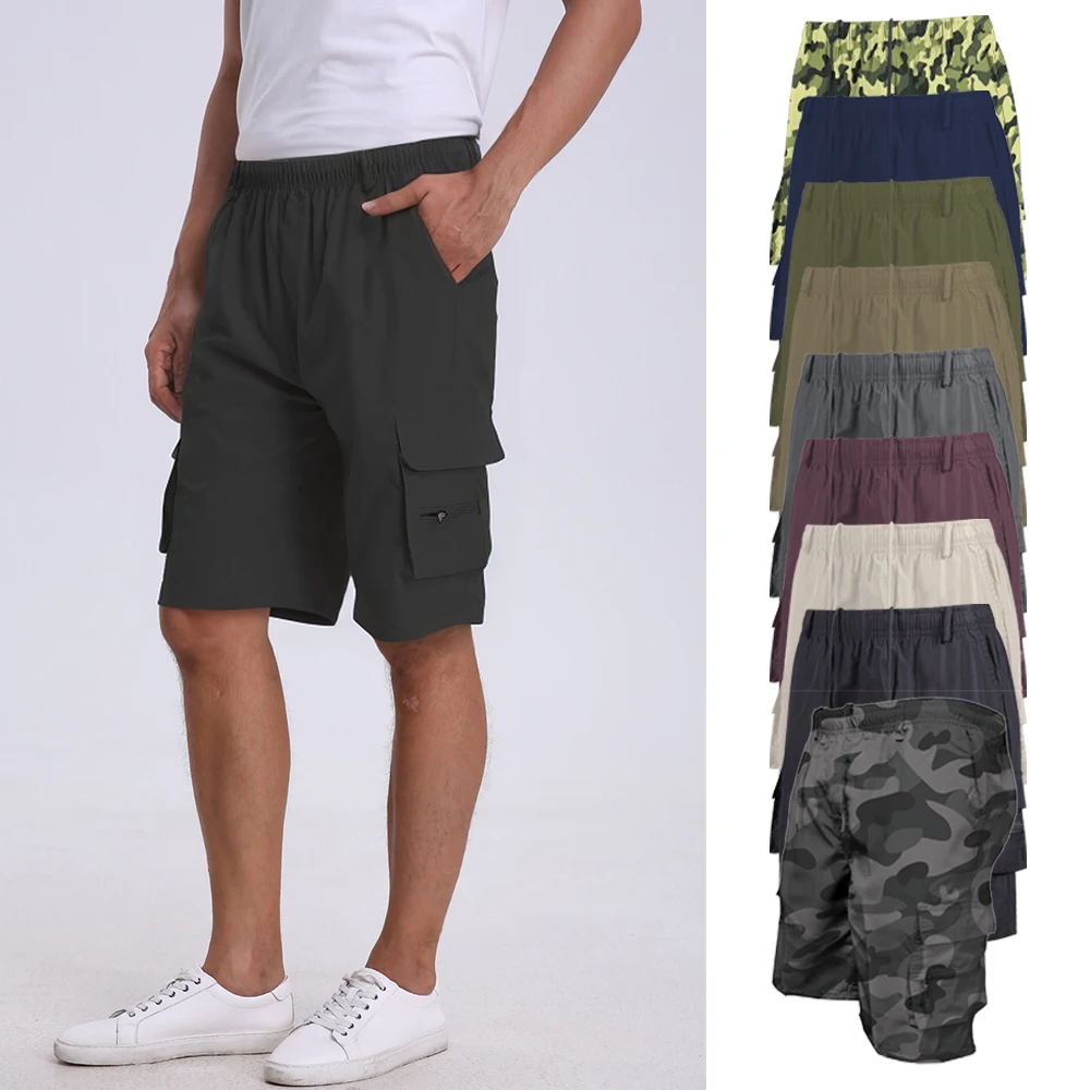Summer Men's Casual Solid Color Cargo Shorts Multi-Pocket Drawstring Elastic Waist Outdoor Activities Hiking Fishing Half Pants