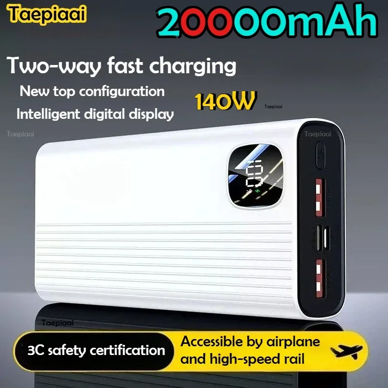 Taepiaai 20000mAh High Capacity Power Bank 140W Super Fast Charging Powerbank Portable Battery Charger for IPhone Samsung Huawei
