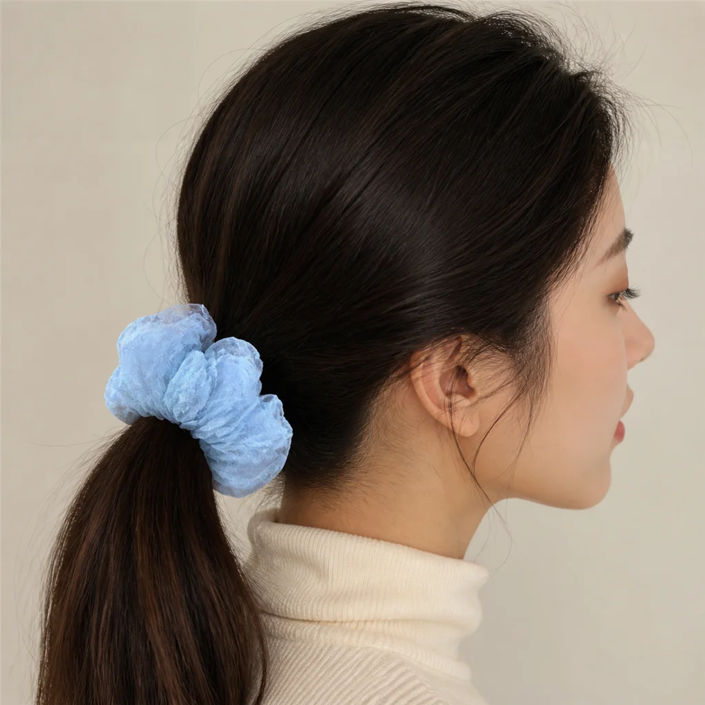 Powder Blue Flocked Dot Sheer Single-Layer Scrunchie Oversized Handmade Organza-Like Hair Tie for Women 2