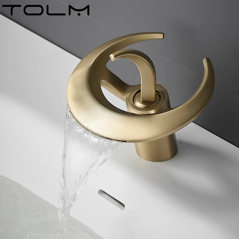 TOLM Brushed Gold Black Basin Faucets Waterfall Bathroom Faucet Single handle Basin Mixer Tap Bath Faucet Brass Sink Water Taps