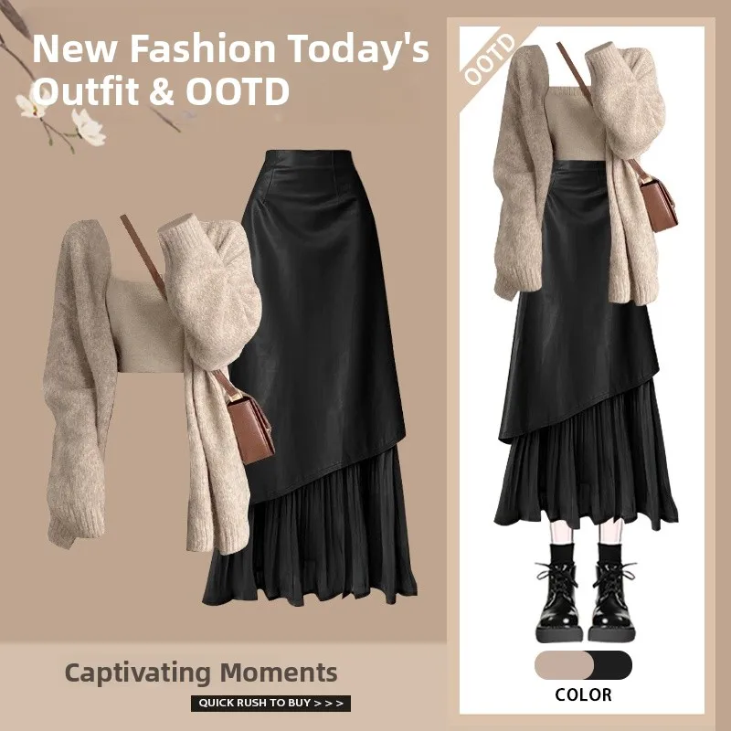 

Ladies High Waist Plaid Skirt And Knitwear Set Autumn Early Lazy Sle plus Size Slimming Effect Vintage Hong Kong Sle