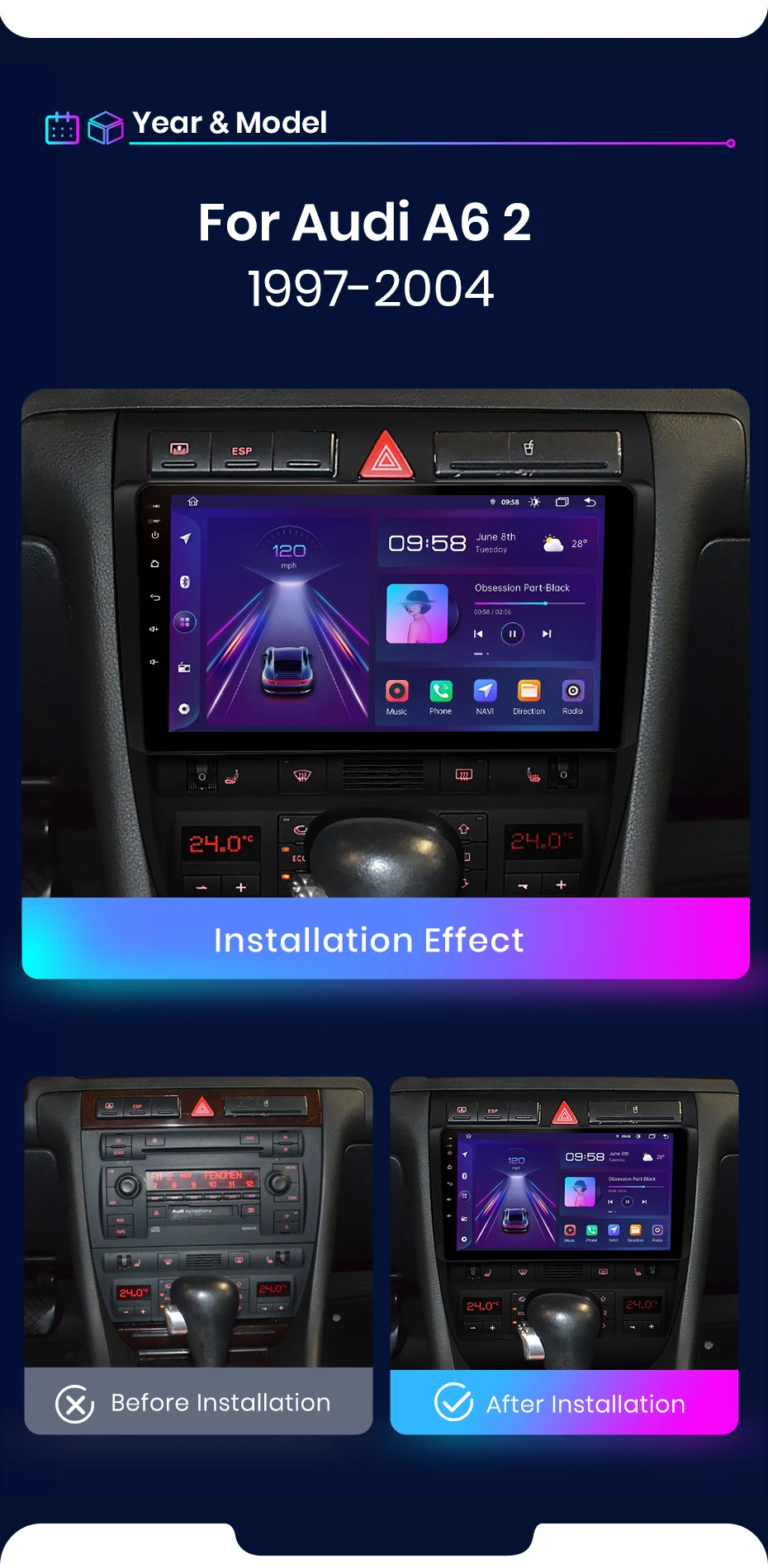 Junsun Drahtlose CarPlay Android Auto Auto Radio Für Audi A6 C5 1997 1998 1999-2004 S6 RS6 GPS Multimedia 2 din Systeme Stereo – Detail 4