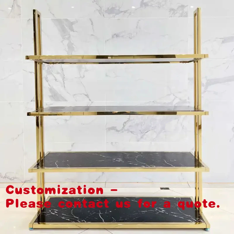 custom.High-quality shoe display rack, shiny gold retail shoe rack display stand