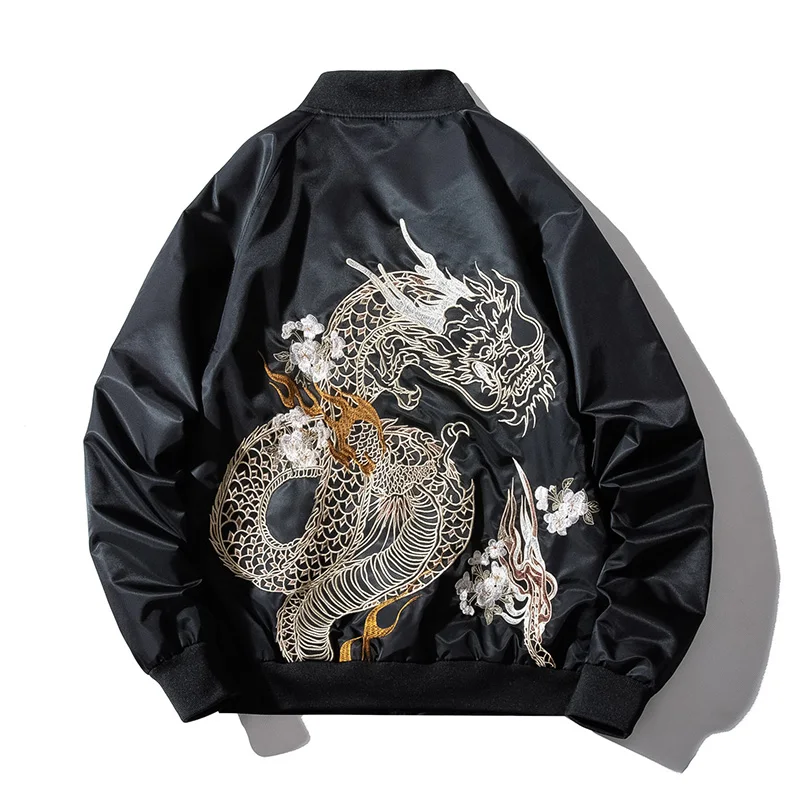 

Men's Vintage Flower And Dragon Embroidered Baseball Jacket Male Black Hip Hop Streetwear Jacket #C115