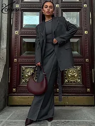 Oymimi Elegant Grey Print Two Piece Set For Women Fashion Long Sleeve Single Button Blazers And Straight Floor-Length Skirt Sets