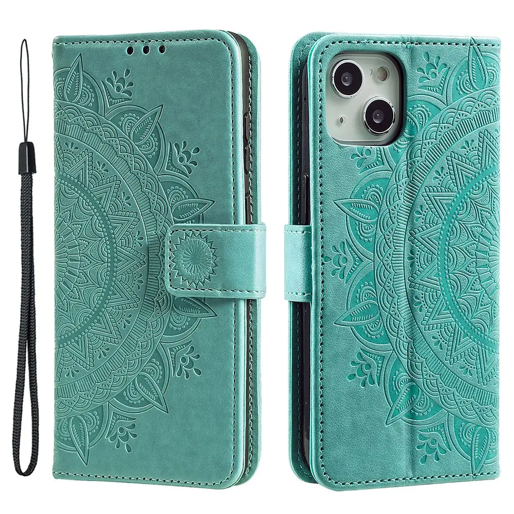 For iPhone 14 6.1 inch Imprinted Mandala Flower Pattern Folding Stand PU Leather Case Magnetic Clasp Wallet Flip Cover