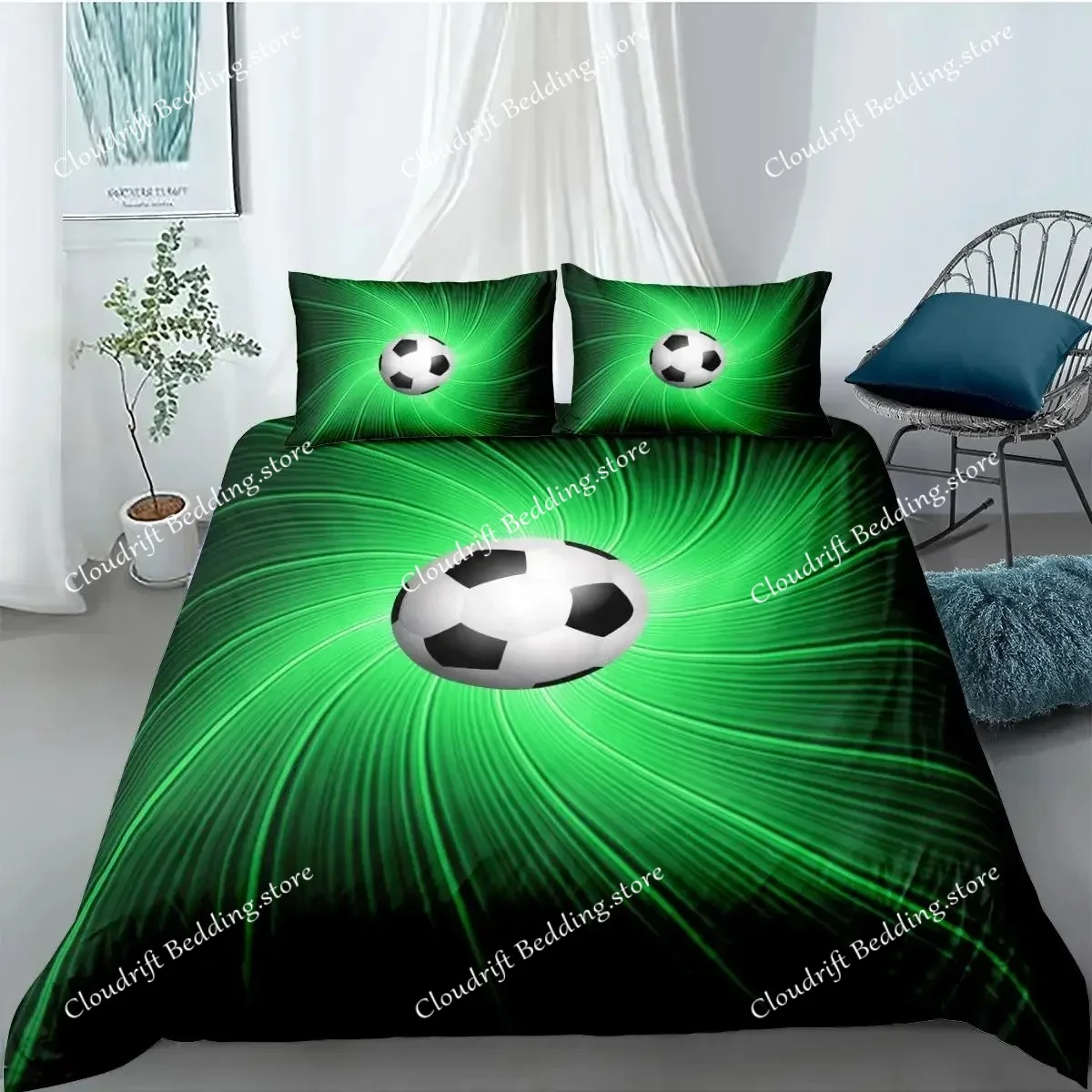 Soccer Duvet Cover Set FootBall and Old Plaster Wall Damage Destruction Punching Bedding Set Teens Queen Polyester Quilt Cover
