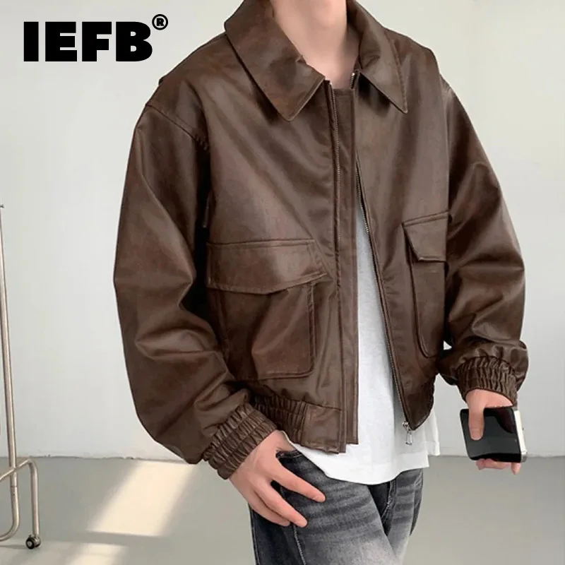 IEFB Autumn PU Leather Short Jacket New Fashion Men\'s Clothing Vintage Lapel Zipper Male Jackets Double Pockets Design 9C6979