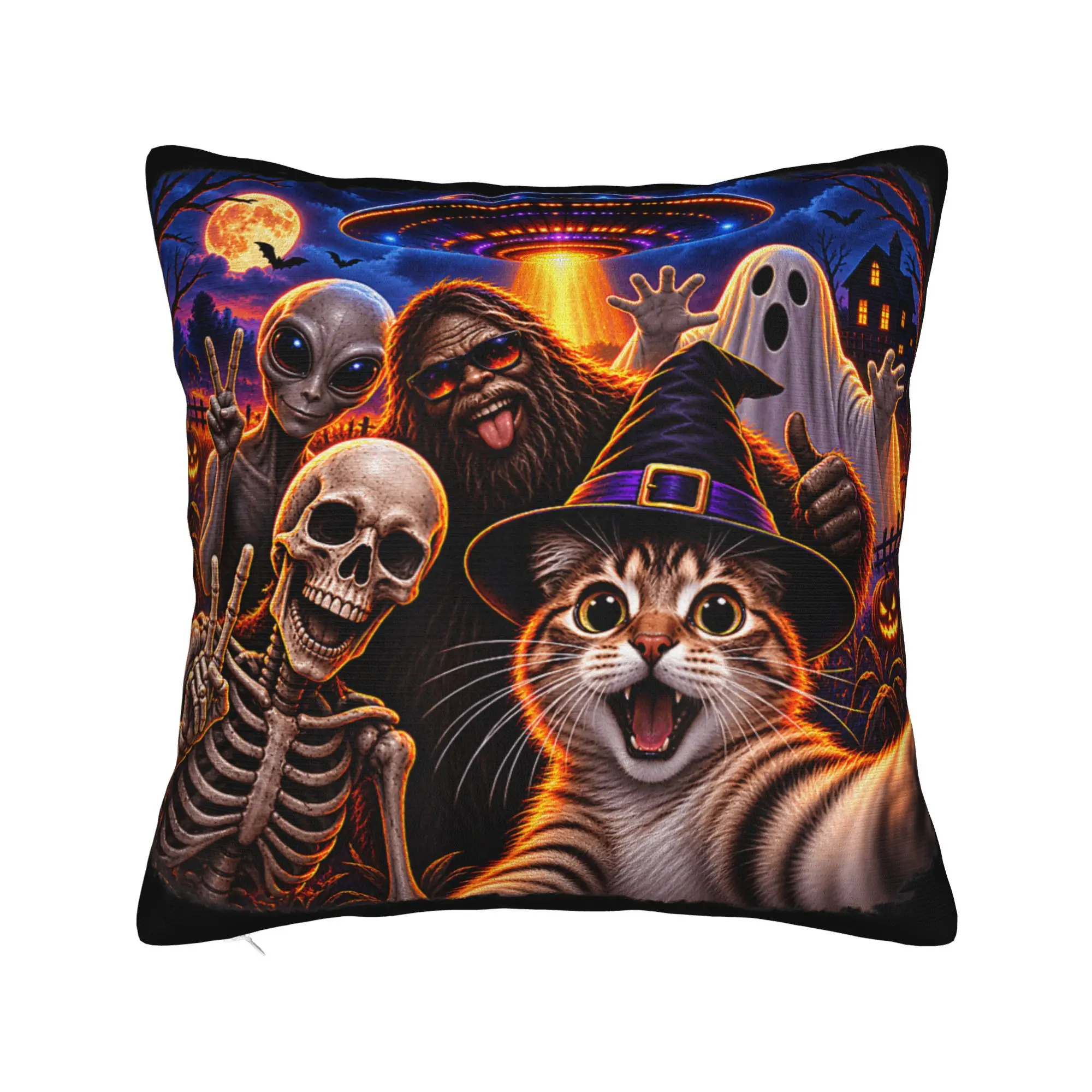 Pillow Case Witch Cat Bigfoot Alien Skeleton Halloween Selfie Soft  Pillow Cover For Sofa Car Home Decor Vintage Pillowcases