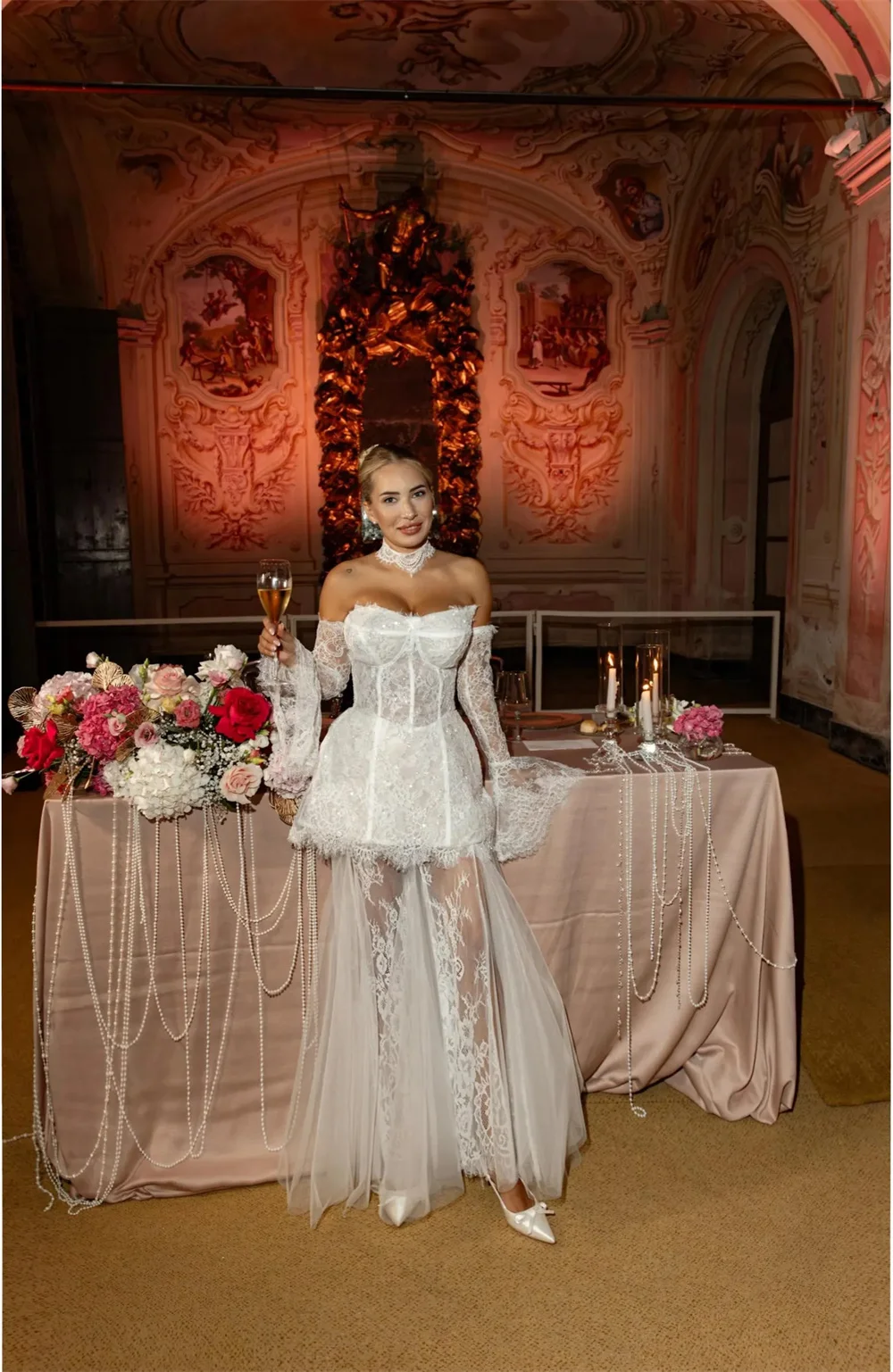 طوكيو مخصص الأبيض قبالة الكتف فساتين الزفاف انفصال الأكمام الدانتيل ثوب الزفاف أنيقة الكاحل طول ثوب الزفاف