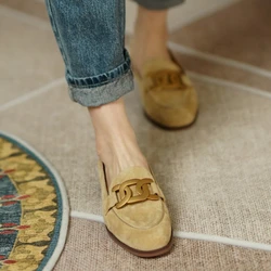 Suede Leather Women Loafers Spring/Autumn Low Heel Women Shoes Round Toe Chunky Heel Women Pumps Metal Buckle Shoes for Women