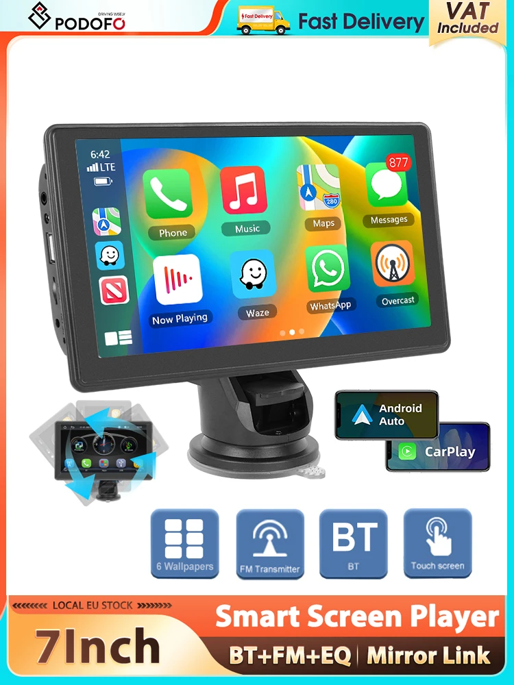 Podofo 7'' Smart Screen Player Carplay Android Auto Aiplay Android Cast EQ Monitor Samochodowy AUX Audio FM Transmisja BT Odtwarzacz Samochodowy — 2