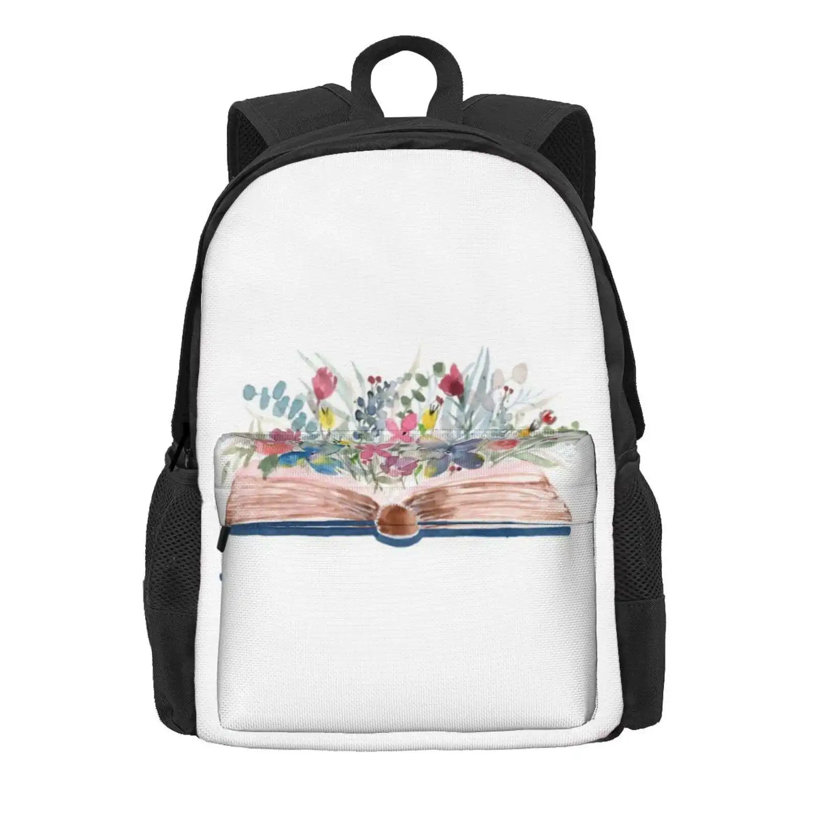 Watercolor Open Book With Florals Hot Sale Schoolbag Backpack Fashion Bags Books Tea Flowers Book Lover Cute Book Worm Book