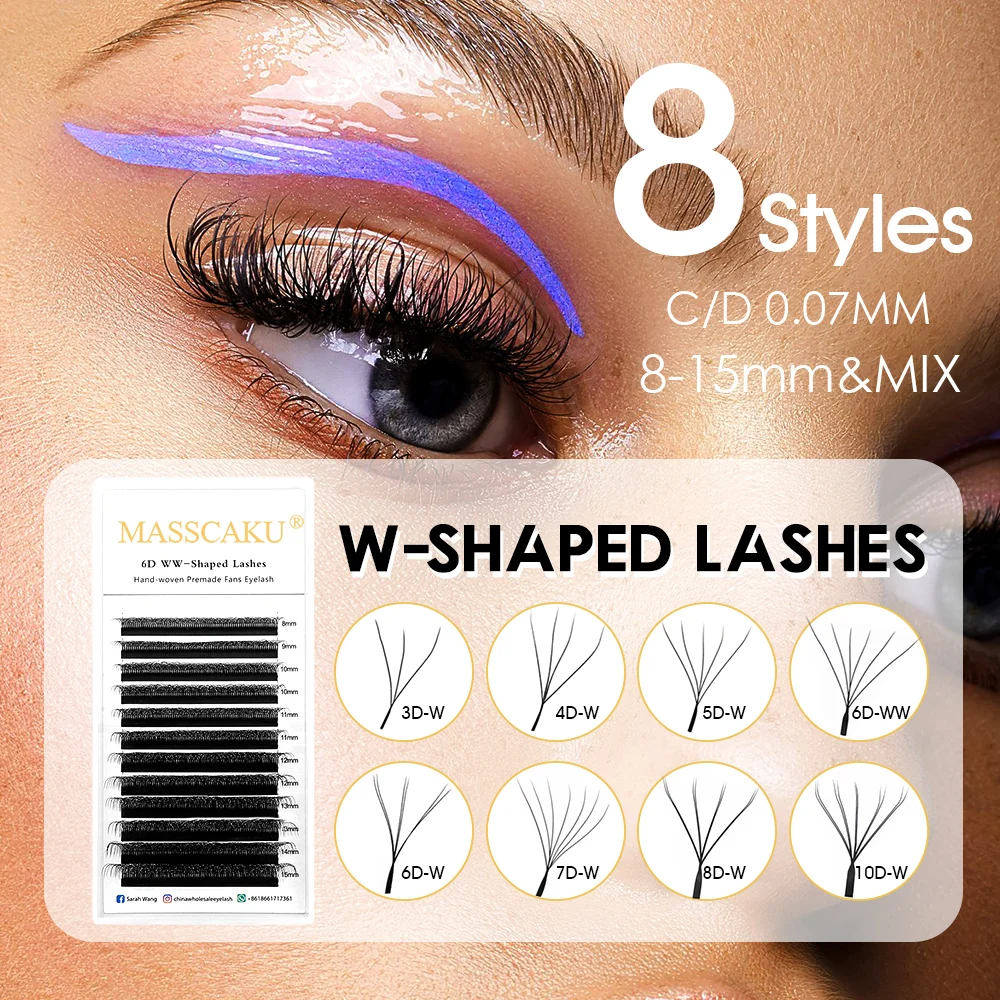 MASSCAKU 12 Rows W Style Premade Fans Eyelash All Size Matte Black Ruaaisn Volume Lash Extensions 3D 4D 5D Multi Type Eyelashes