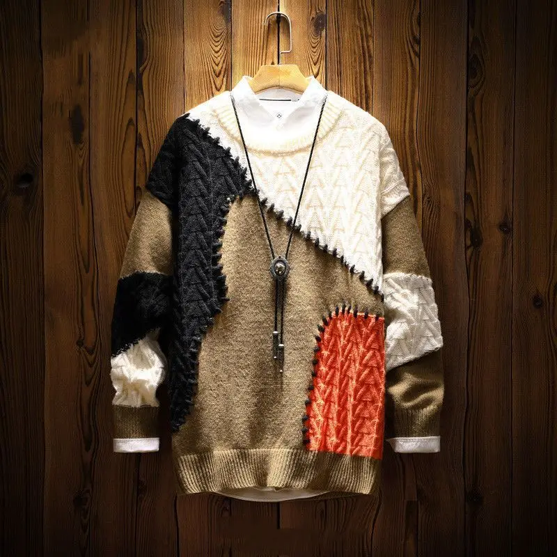 

Men New Spliced Knitted Mock Neck Sweater Patchwork Pullovers O Neck Sweaters Long Sleeve Loose Casual Autumn Slight Strech