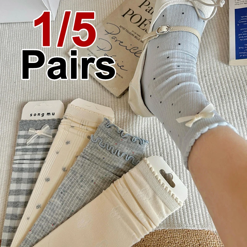 1/5 Paar Damen-Socken mit Blumenrand und Schleife, mittlere Röhre, Sommer, dünn, atmungsaktiv, modisch, College-Stil, süße JK-Lolita-Freizeitsocken