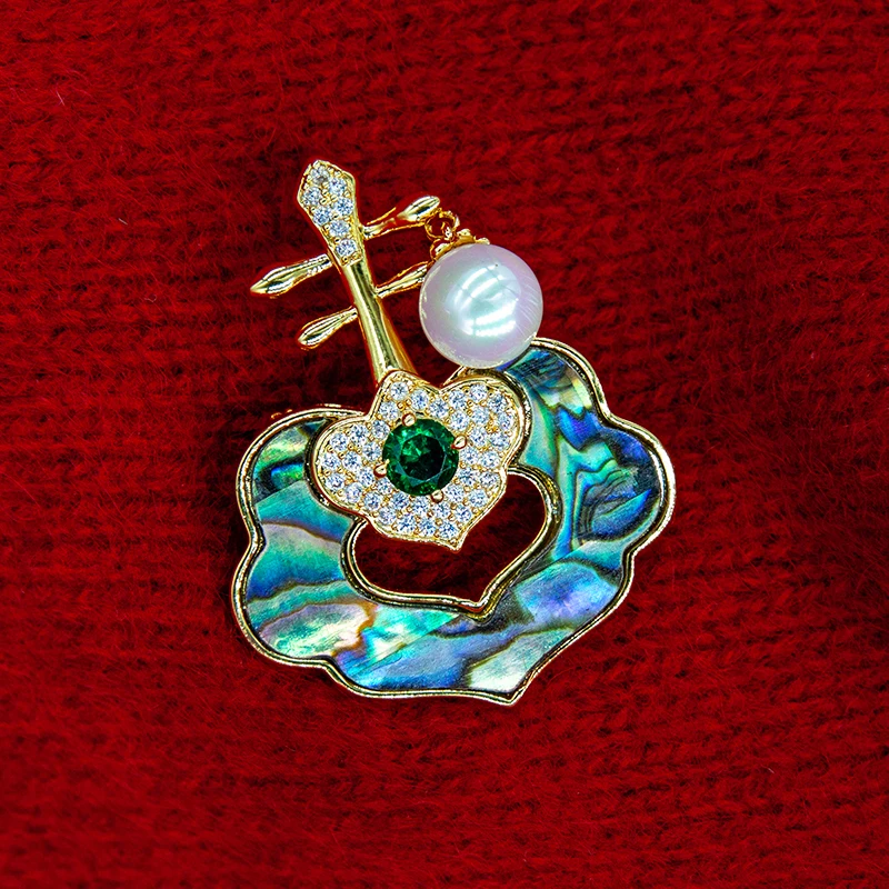 Fashion Chinese Pipa Brooches Abalone Shell Instrument Pins for Men Women Formal Dress Suit Accessories Wedding Gifts Jewelry